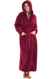 Women's Burgundy Plush Fleece Hooded Robe, Shaggy Feather Long Bathrobe