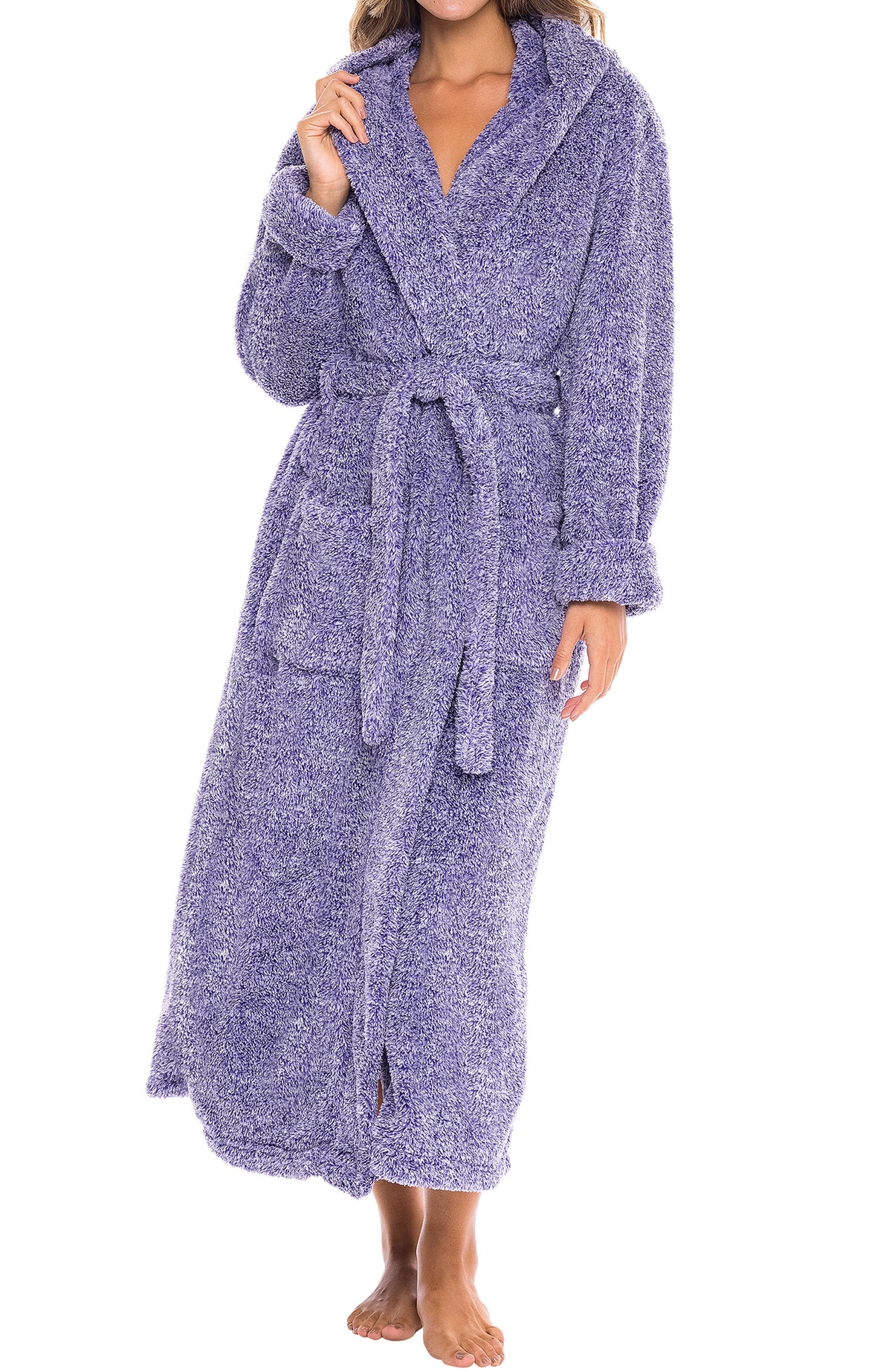 Women's Heathered Lavender Plush Fleece Hooded Robe, Shaggy Feather Long Bathrobe