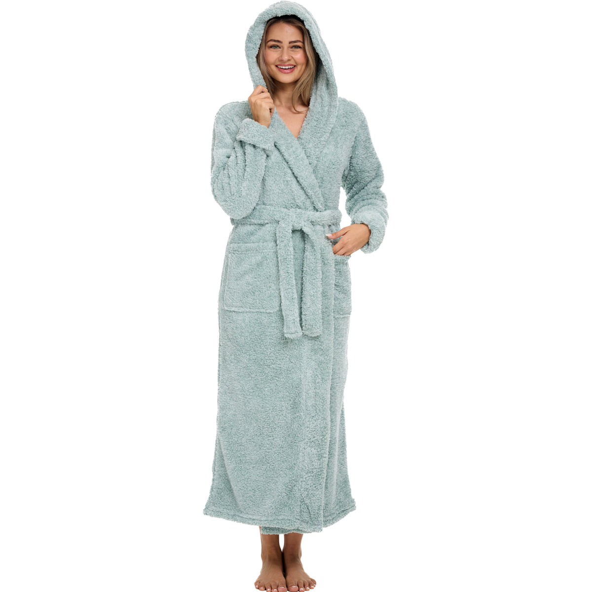 Women's Light Mint Plush Fleece Hooded Robe, Shaggy Feather Long Bathrobe