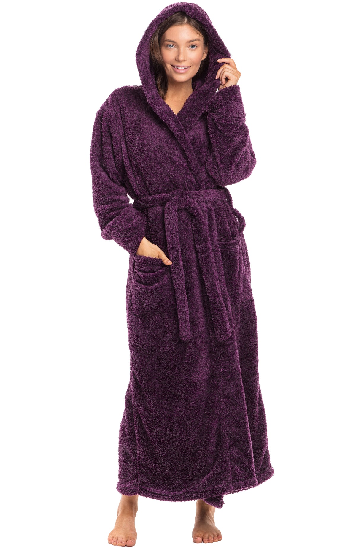 Women's Plum Purple Plush Fleece Hooded Robe, Shaggy Feather Long Bathrobe
