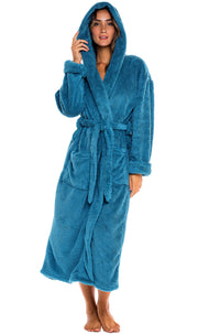 Women's Turquoise Plush Fleece Hooded Robe, Shaggy Feather Long Bathrobe