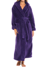 Women's Deep Purple Plush Fleece Hooded Robe, Shaggy Feather Long Bathrobe