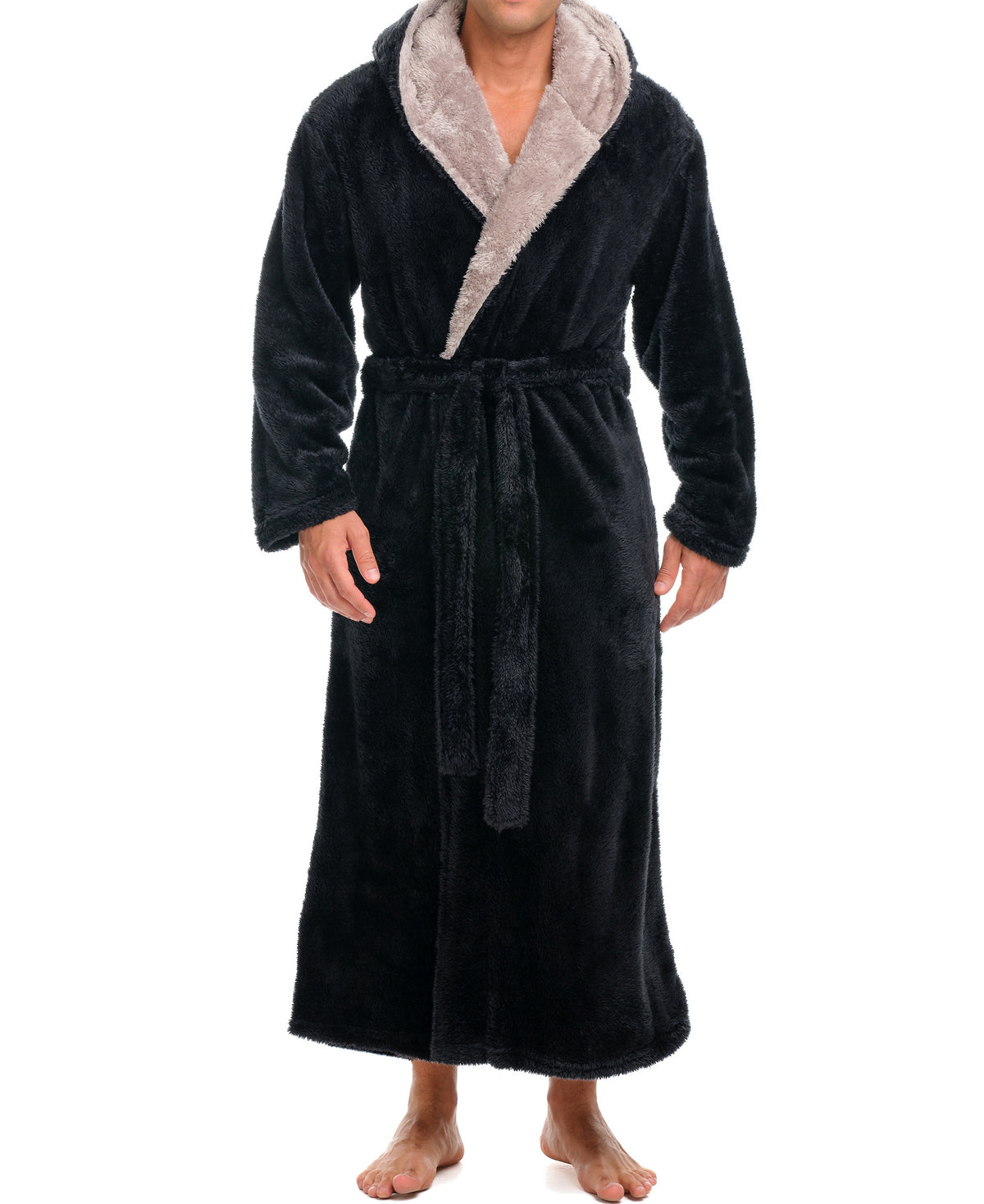 Mens Black Robe, Sherpa Fleece Hooded Bathrobe, Big and Tall Bath Robe for Men