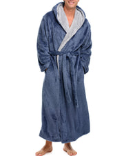 Mens Indigo Blue Robe, Sherpa Fleece Hooded Bathrobe, Big and Tall Bath Robe for Men
