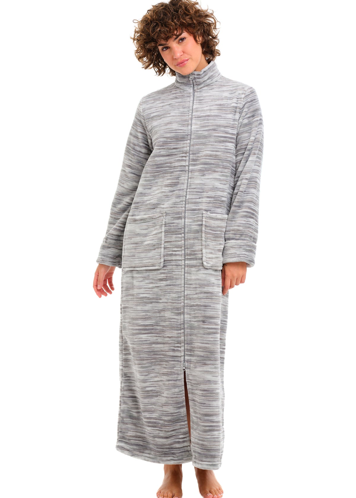 Women's Light Heathered Gray Zip Up Plush Robe, Slim Fit Bathrobe with Two Way Zipper