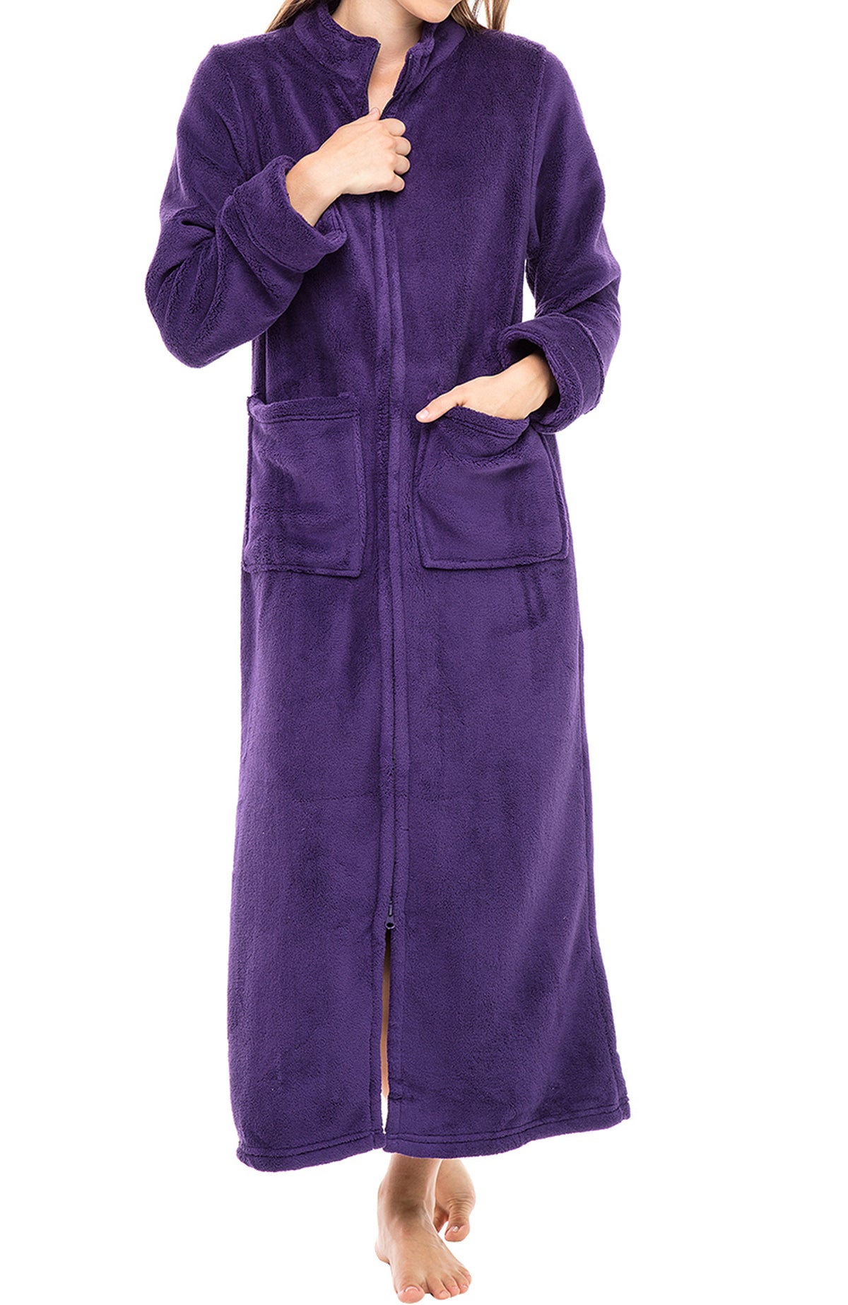 Women's Purple Zip Up Plush Robe, Slim Fit Bathrobe with Two Way Zipper