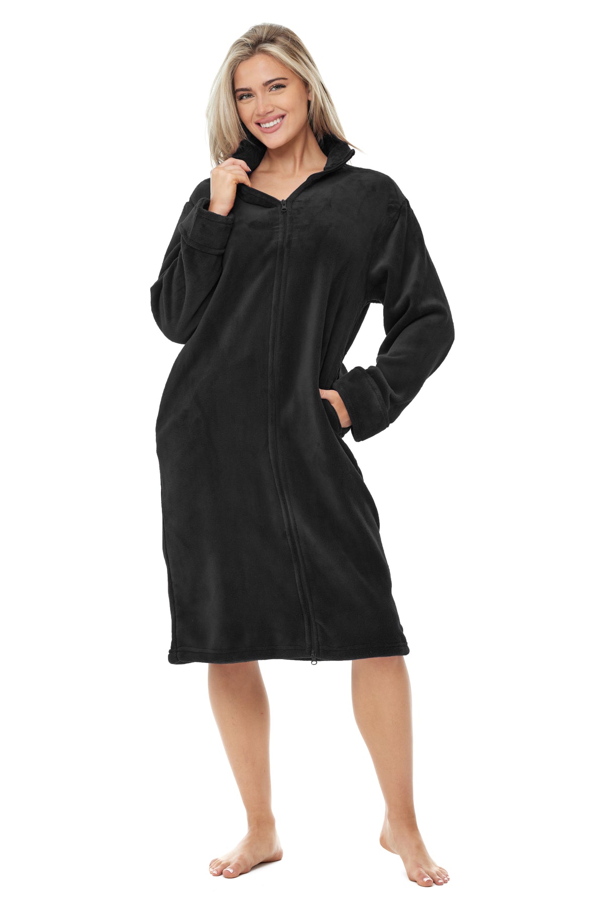 Women's Black Zip Up Plush Robe, Oversized Knee Length Bathrobe with Two Way Zipper