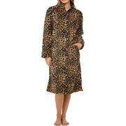 Women's Leopard Print Zip Up Plush Robe, Oversized Knee Length Bathrobe with Two Way Zipper