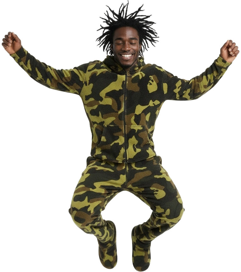 Men's Green Camouflage Hooded Footed Adult Onesie Pajamas, Plush Winter PJs with Hood
