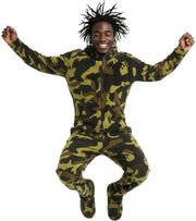 Men's Green Camouflage Hooded Footed Adult Onesie Pajamas, Plush Winter PJs with Hood