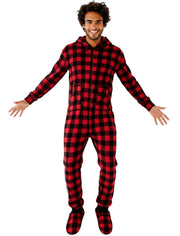 Men's Red Black Buffalo Check Hooded Footed Adult Onesie Pajamas, Plush Winter PJs with Hood