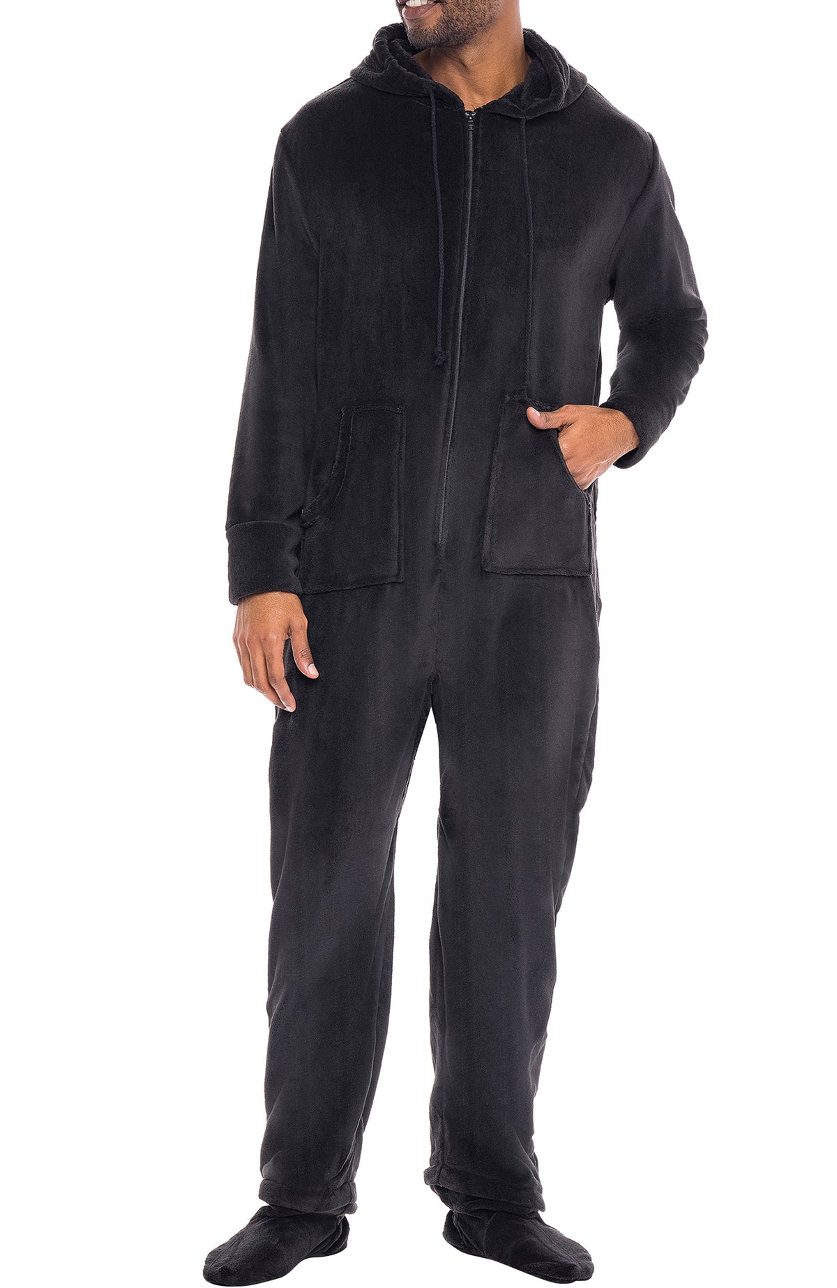 Men's Black Hooded Footed Adult Onesie Pajamas, Plush Winter PJs with Hood