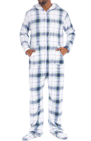 Men's Blue on White Plaid Hooded Footed Adult Onesie Pajamas, Plush Winter PJs with Hood