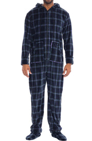 Men's Blue and Green Tartan Plaid Hooded Footed Adult Onesie Pajamas, Plush Winter PJs with Hood
