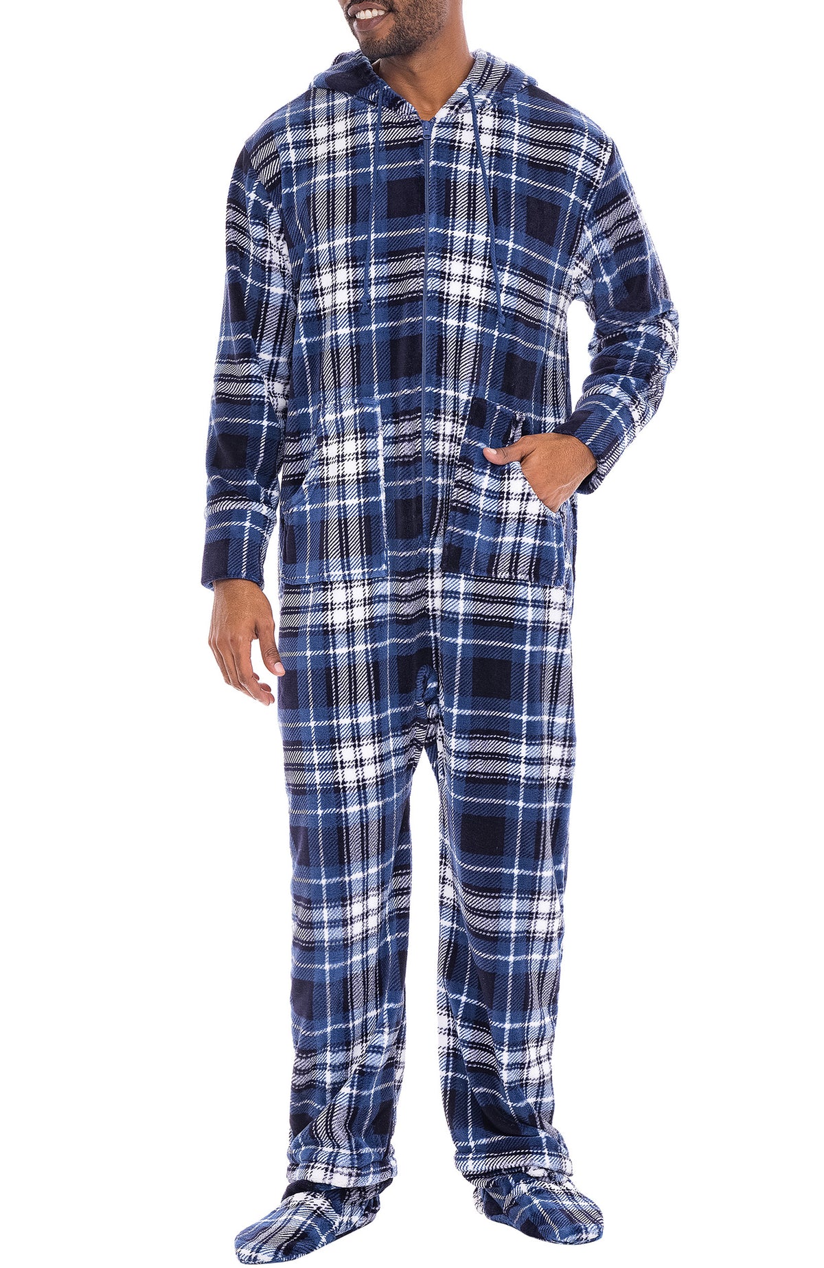 Men's Blue and White Plaid Hooded Footed Adult Onesie Pajamas, Plush Winter PJs with Hood