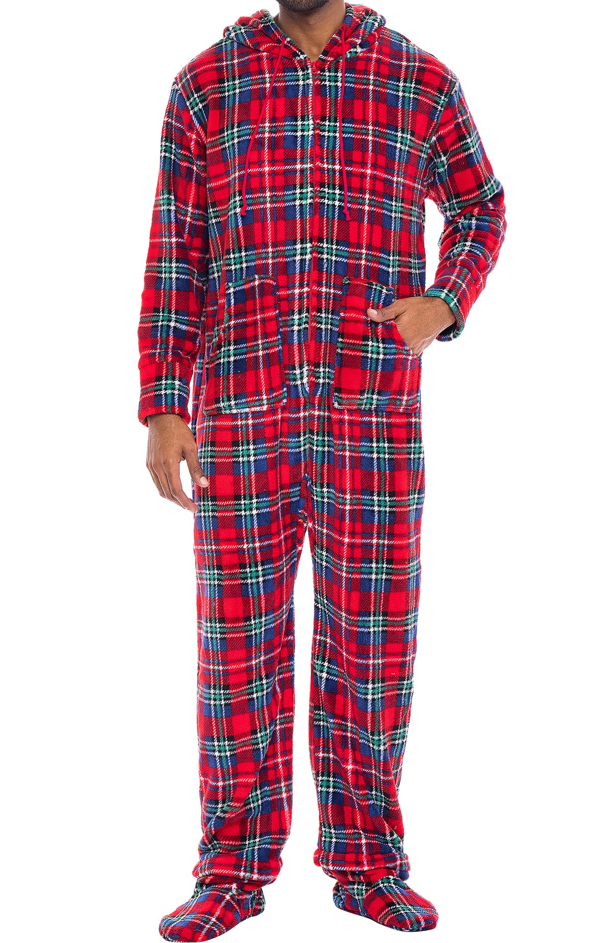 Men's Stewart Tartan Plaid Hooded Footed Adult Onesie Pajamas, Plush Winter PJs with Hood