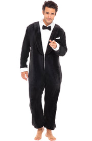 Men's Tuxedo Hooded Footed Adult Onesie Pajamas, Plush Winter PJs with Hood