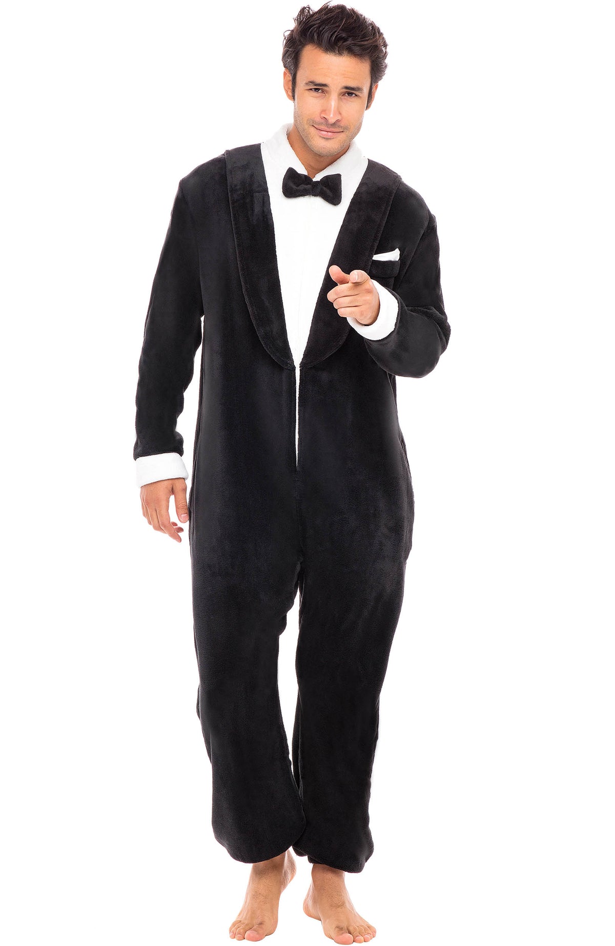 Men's Tuxedo Hooded Footed Adult Onesie Pajamas, Plush Winter PJs with Hood
