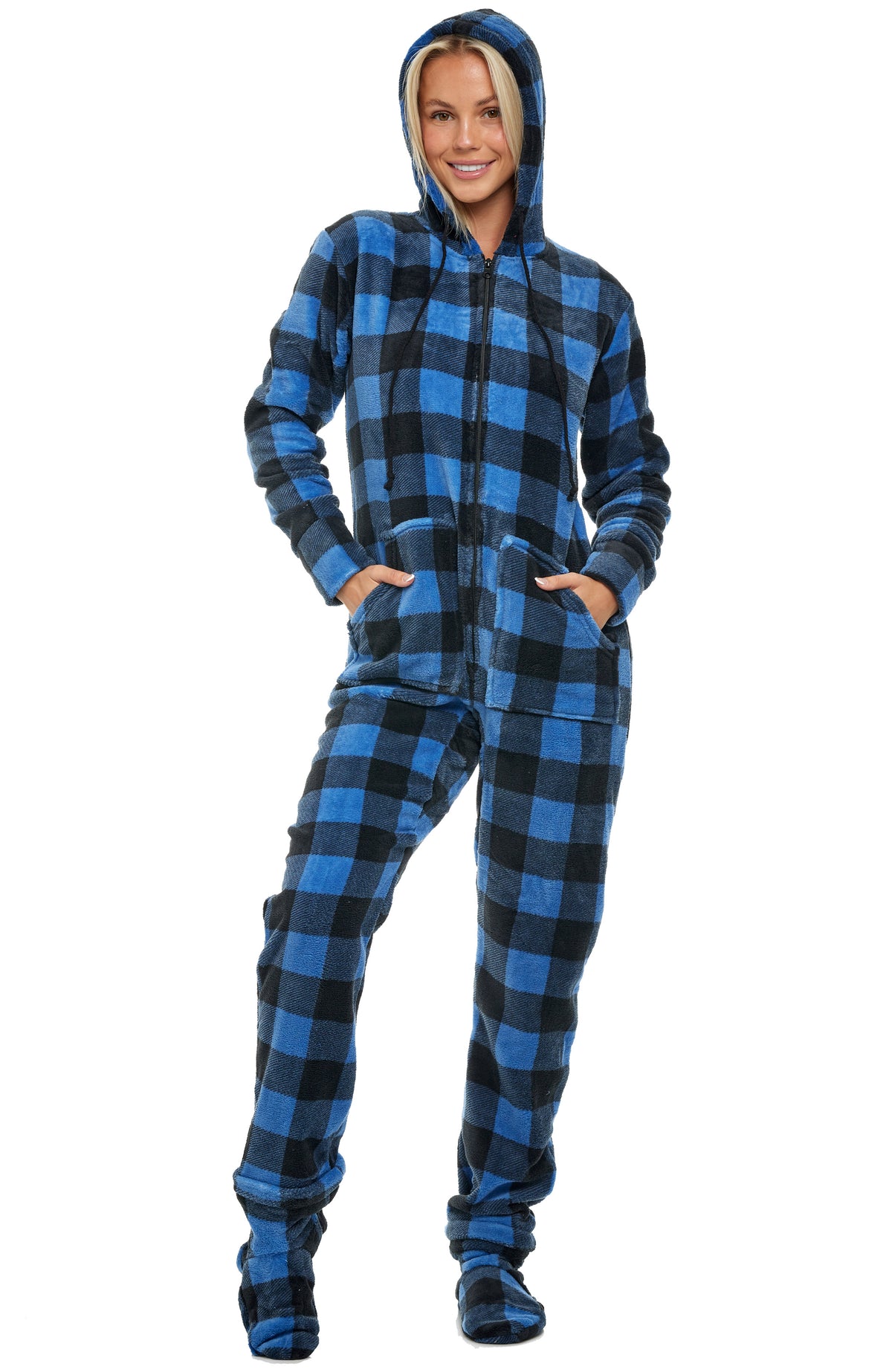 Women's Blue Buffalo Check Plaid Hooded Footed Pajamas, Plush Adult Onesie, Winter PJs with Hood