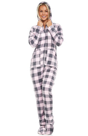 Women's Buffalo Check Plaid Pink Hooded Footed Pajamas, Plush Adult Onesie, Winter PJs with Hood