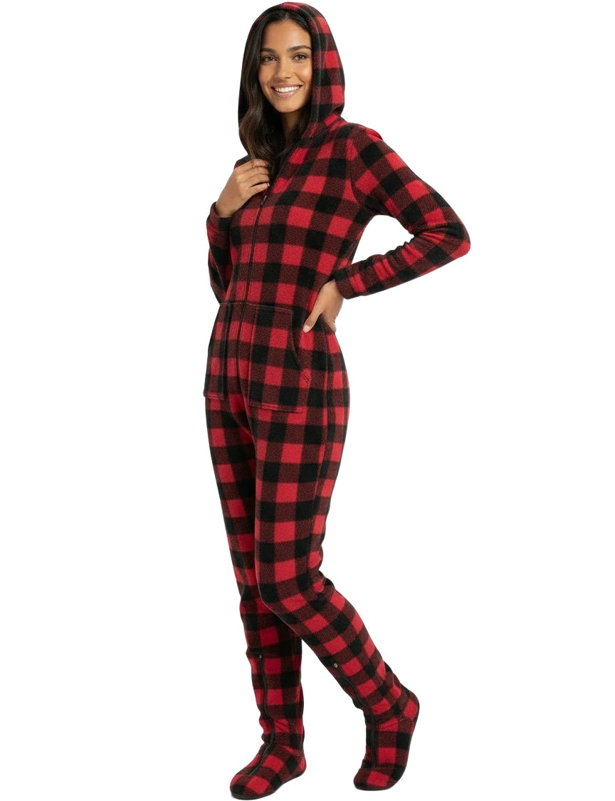 Women's Red Black Buffalo Check Hooded Footed Pajamas, Plush Adult Onesie, Winter PJs with Hood