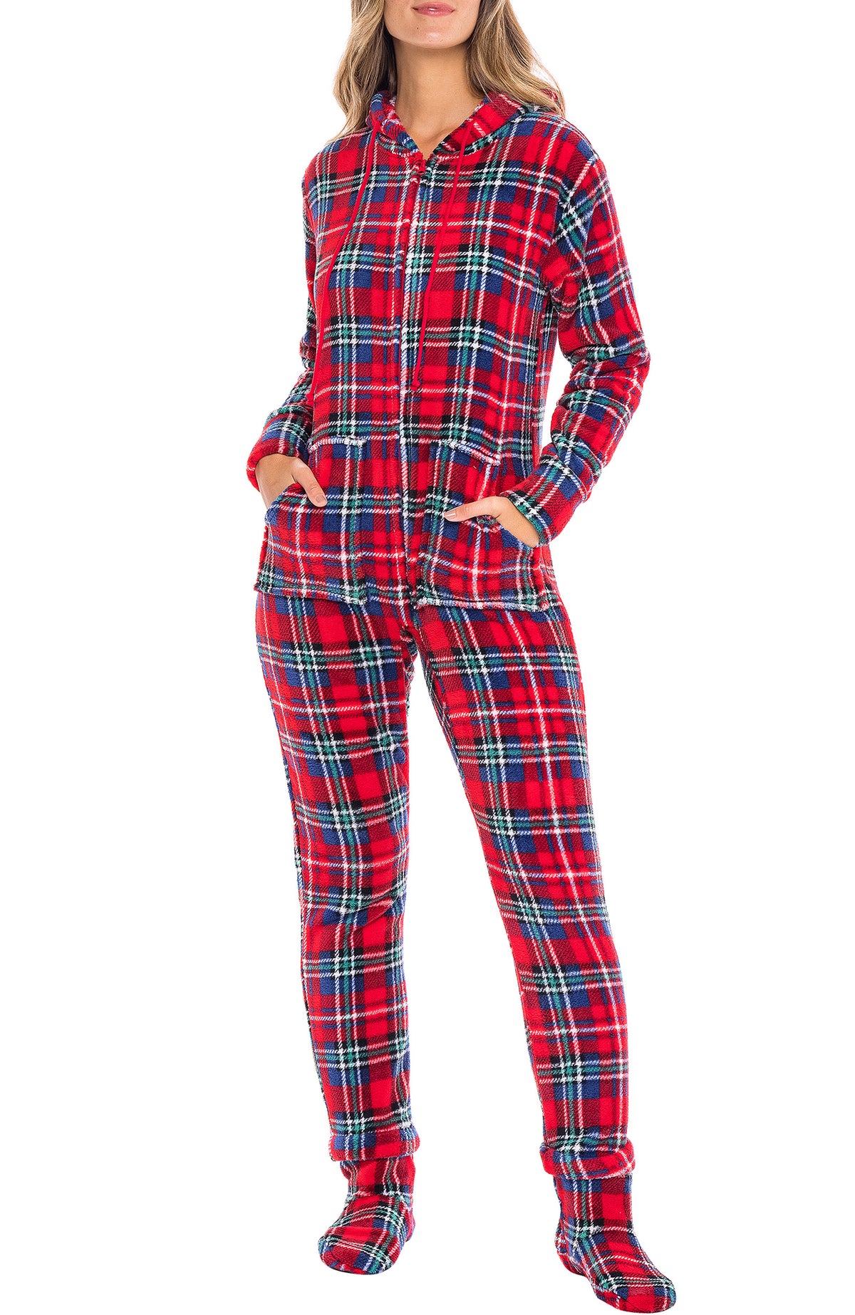 Women's Stewart Tartan Plaid Hooded Footed Pajamas, Plush Adult Onesie, Winter PJs with Hood
