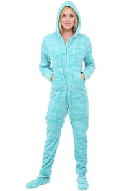 Women's Textured Aqua Hooded Footed Pajamas, Plush Adult Onesie, Winter PJs with Hood