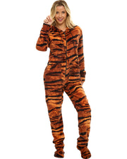Women's Bengal Tiger Hooded Footed Pajamas, Plush Adult Onesie, Winter PJs with Hood