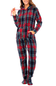 Women's Classic Tartan Plaid Blue Hooded Footed Pajamas, Plush Adult Onesie, Winter PJs with Hood
