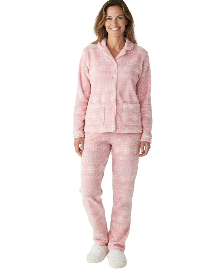 Women's Snowflake Fair Isle Pink Soft Warm Fleece Pajamas Plush Lounge Set, Long Sleeve Top and Pants, PJ