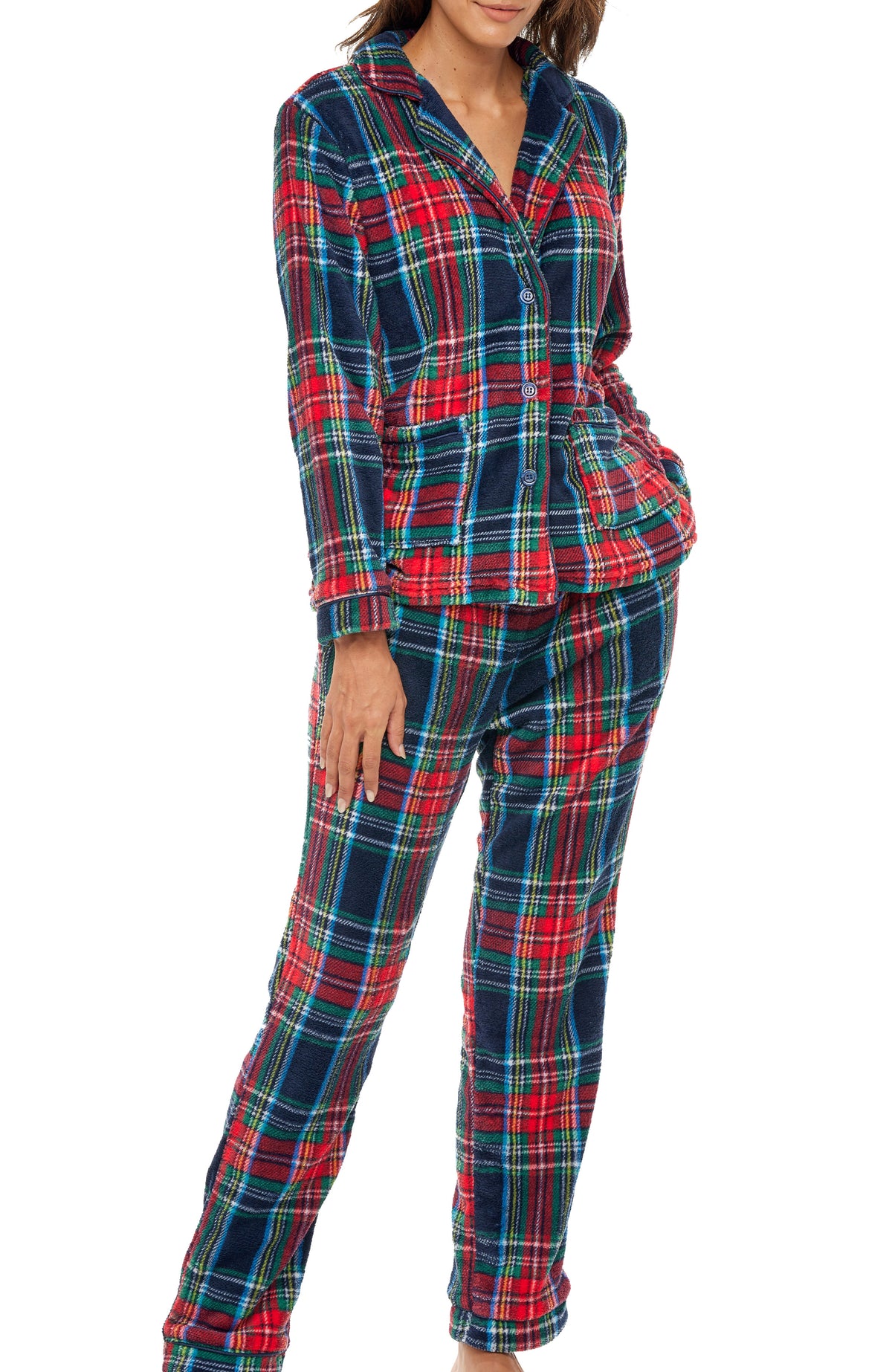 Women's Classic Tartan Plaid Blue Soft Warm Fleece Pajamas Plush Lounge Set, Long Sleeve Top and Pants, PJ