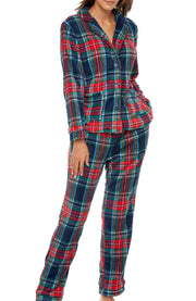 Women's Classic Tartan Plaid Blue Soft Warm Fleece Pajamas Plush Lounge Set, Long Sleeve Top and Pants, PJ
