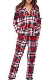 Women's Red Christmas Plaid Soft Warm Fleece Pajamas Plush Lounge Set, Long Sleeve Top and Pants, PJ