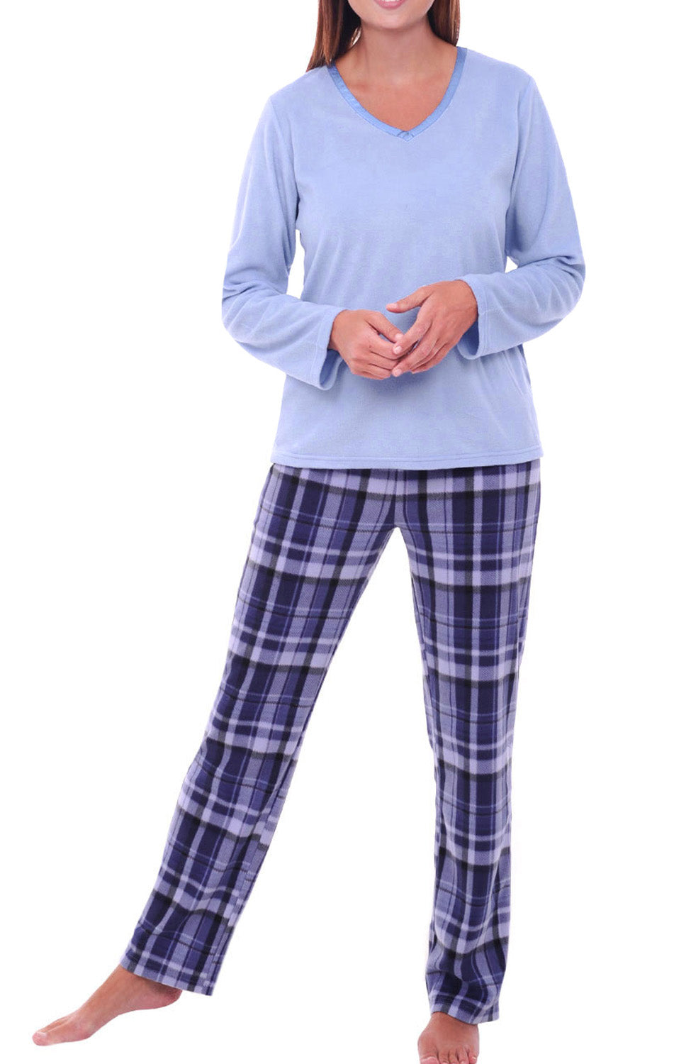 Women's Blue Plaid with Purple Trim Soft Warm Fleece Pajamas Plush Lounge Set, Long V Neck Top and Pants, PJ