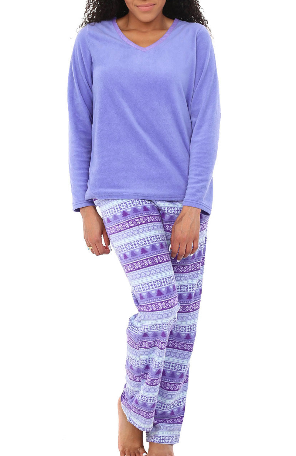 Women's Pastel Christmas Soft Warm Fleece Pajamas Plush Lounge Set, Long V Neck Top and Pants, PJ