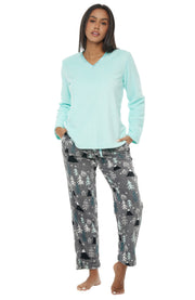 Women's Nighttime Christmas Forrest Soft Warm Fleece Pajamas Plush Lounge Set, Long V Neck Top and Pants, PJ