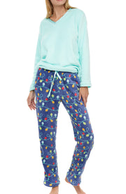 Women's Christmas Lights Soft Warm Fleece Pajamas Plush Lounge Set, Long V Neck Top and Pants, PJ