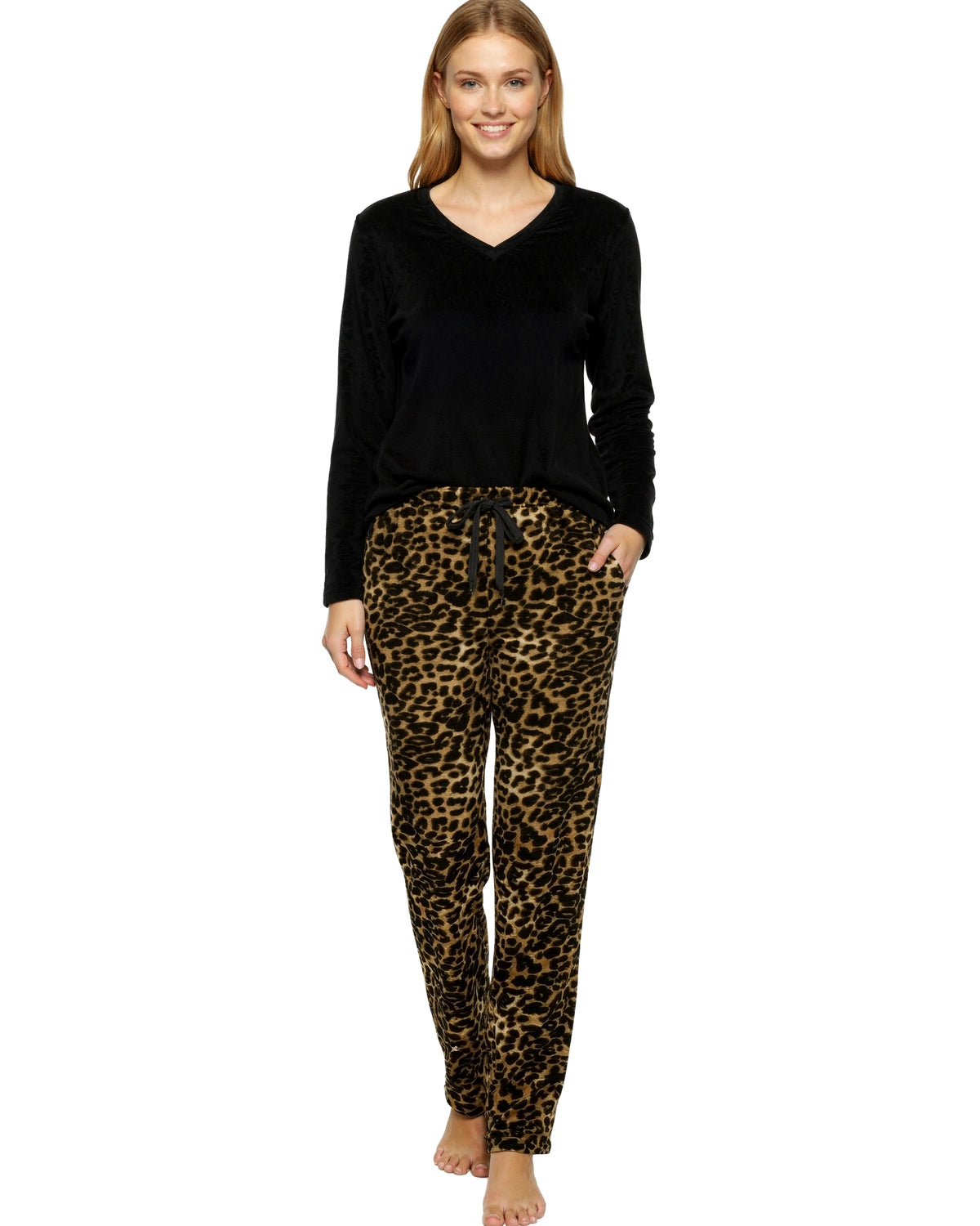 Women's Leopard Print Soft Warm Fleece Pajamas Plush Lounge Set, Long V Neck Top and Pants, PJ
