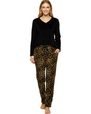 Women's Leopard Print Soft Warm Fleece Pajamas Plush Lounge Set, Long V Neck Top and Pants, PJ