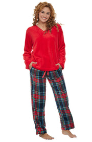 Women's Classic Tartan Plaid Blue Soft Warm Fleece Pajamas Plush Lounge Set, Long V Neck Top and Pants, PJ
