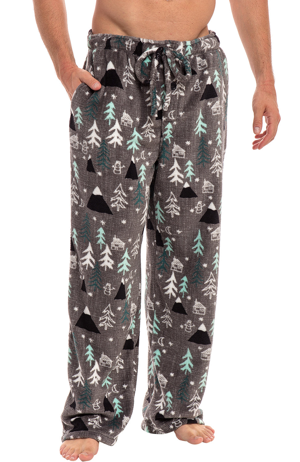 Men's Nighttime Christmas Forrest Soft Plush Fleece Pajama Pants, Warm Long Lounge Bottoms