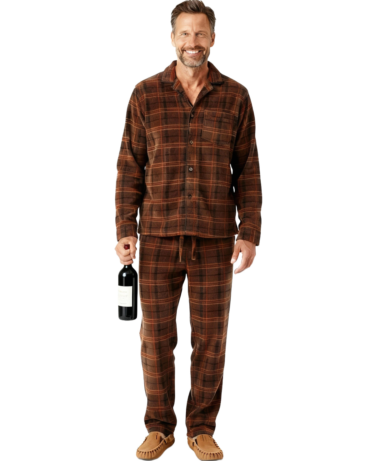 Men's Espresso Plaid Plush Fleece Pajamas Set, Button Down PJs for Winter