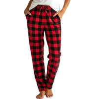Women's Red Black Buffalo Check Plaid Soft Warm Fleece Pajama Pants, Long Lounge Bottoms
