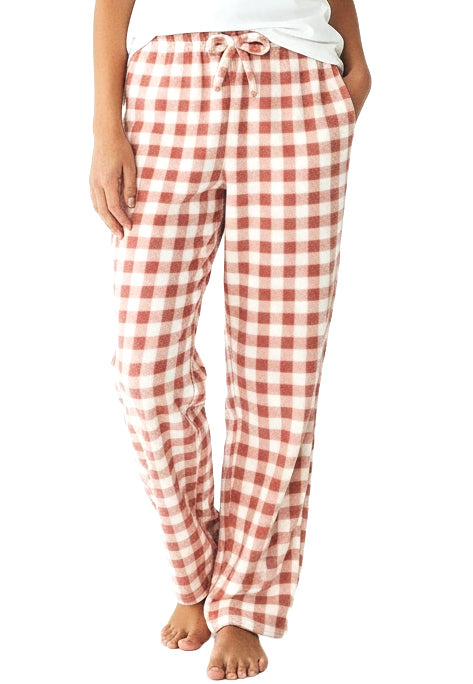 Women's Blush Gingham Check Soft Warm Fleece Pajama Pants, Long Lounge Bottoms
