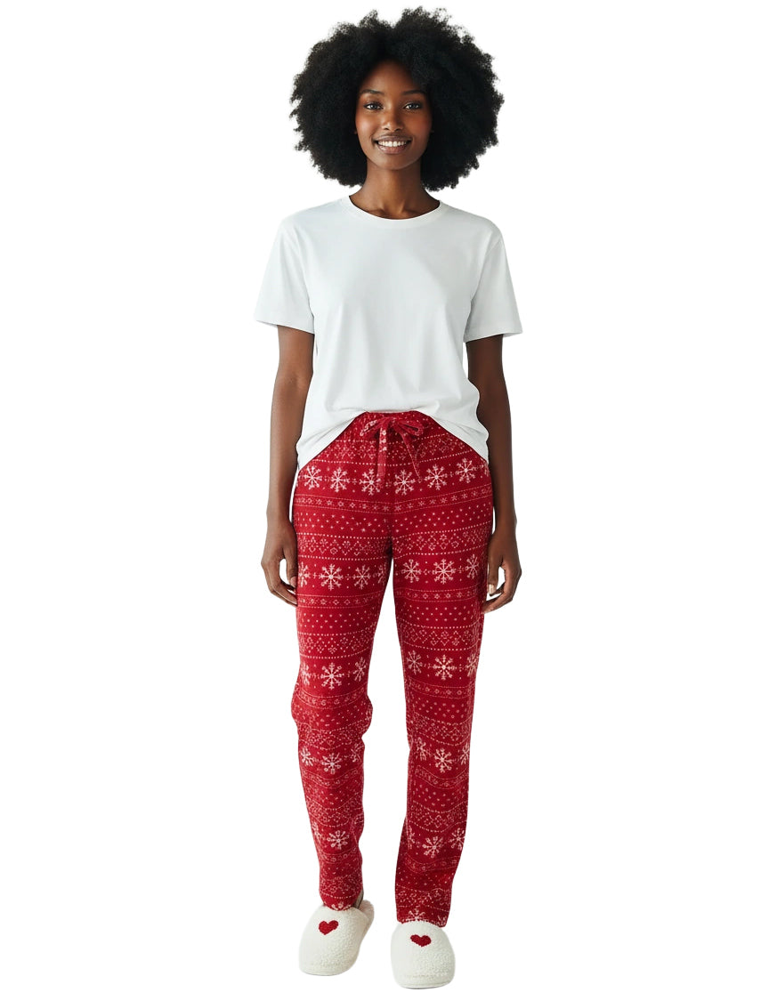 Women's Snowflake Fair Isle Red Soft Warm Fleece Pajama Pants, Long Lounge Bottoms