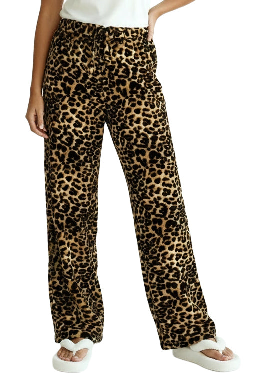 Women's Leopard Print Soft Warm Fleece Pajama Pants, Long Lounge Bottoms