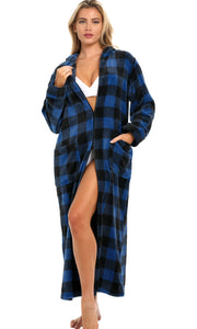 Women's Blue Buffalo Check Plaid Zip Up Fleece Robe with Hood, Oversized Hooded Bathrobe with Two Way Zipper