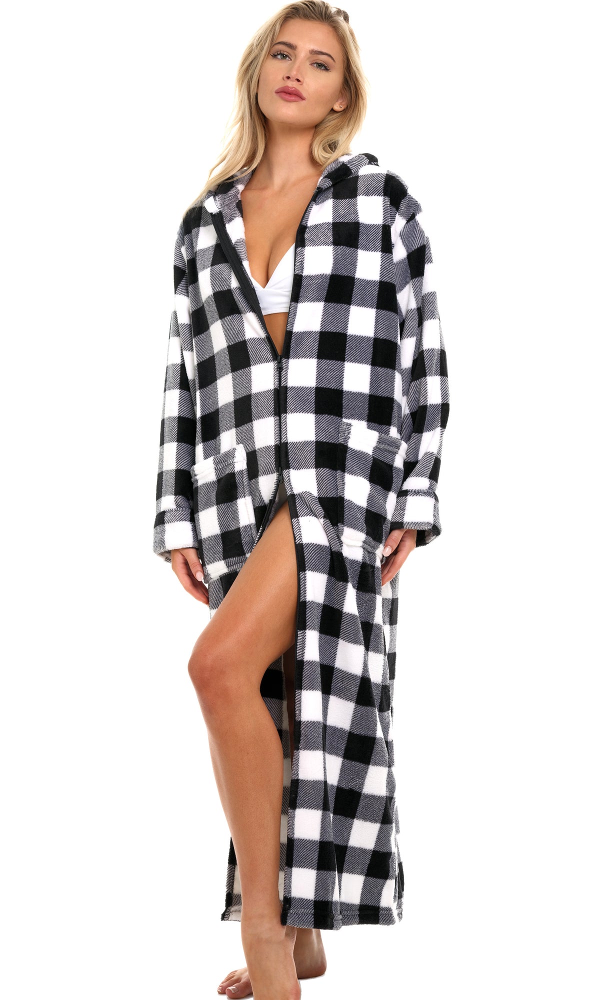 Women's Buffalo Check White Black Plaid Zip Up Fleece Robe with Hood, Oversized Hooded Bathrobe with Two Way Zipper