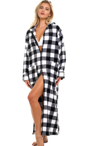 Women's Buffalo Check White Black Plaid Zip Up Fleece Robe with Hood, Oversized Hooded Bathrobe with Two Way Zipper