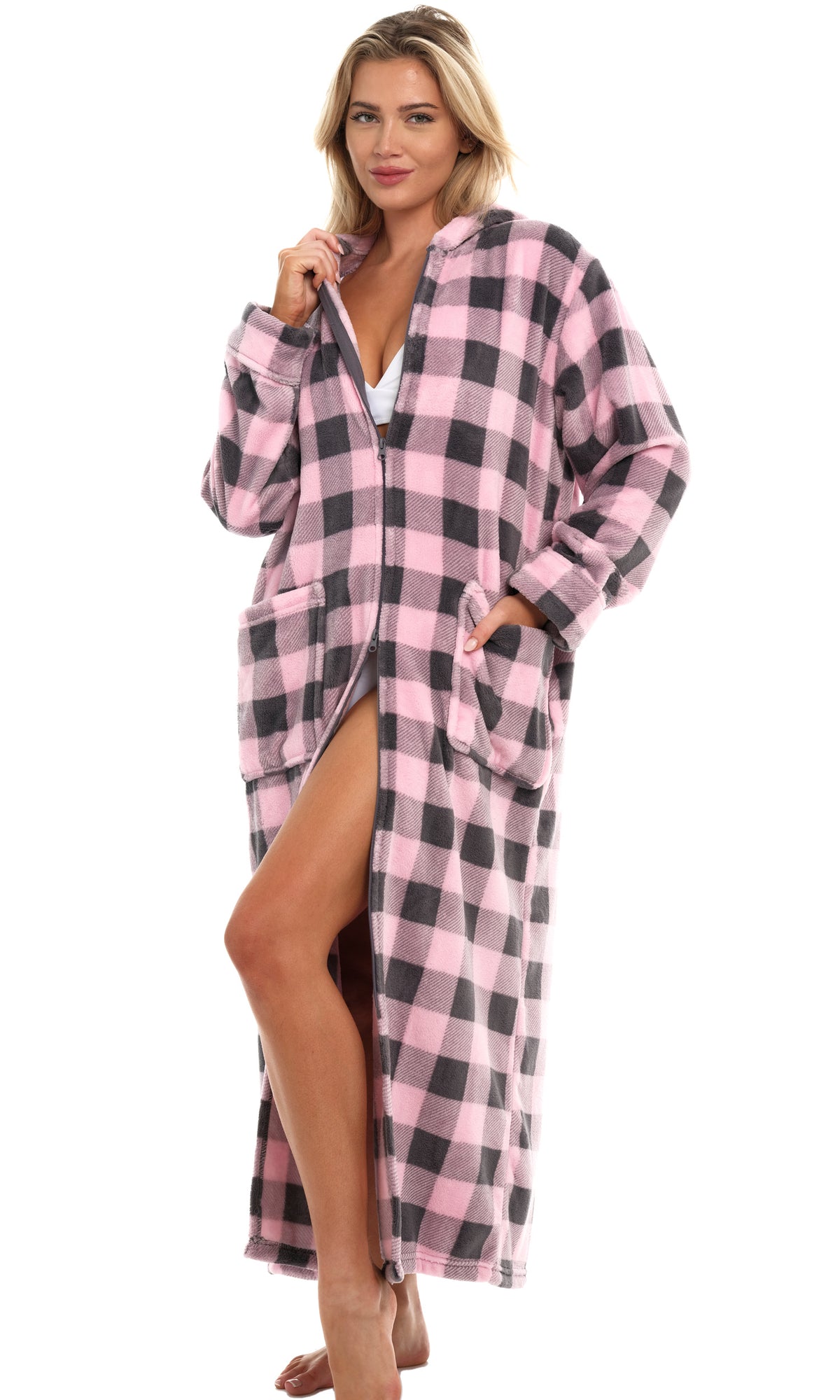 Women's Buffalo Check Pink Gray Plaid Zip Up Fleece Robe with Hood, Oversized Hooded Bathrobe with Two Way Zipper